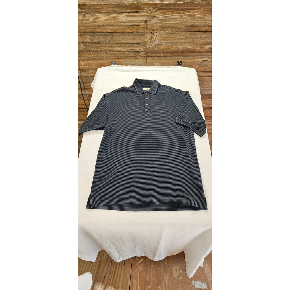 Tommy Bahama Mens XL Silk Cotton Polo Shirt Grey Black Striped Short Sleeve